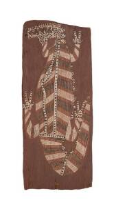 Mick Kubarrku (1925-2008), Crocodile (1973), natural earth pigments on eucalyptus bark.