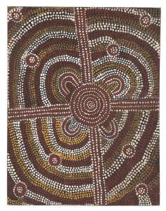 OLD MICK TJAKAMARRA (Warlpiri tribe): Acrylic on canvas board. Title verso "INTALKANGU. Located north west of Papunya. This site is an important womens......(?) area. Shown are women sitting....". Papunya Tula number (OM850414). 50 x 40cm