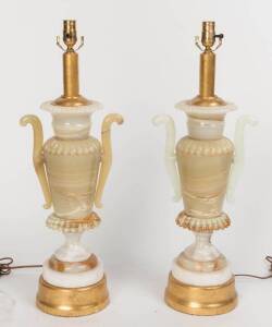 A pair large green banded agate lamps, European, 20th century, fitted for electricity. 72cm high
