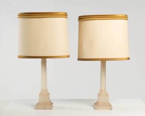 A pair of alabaster table lamps.&nbsp;67cm high, including the shade