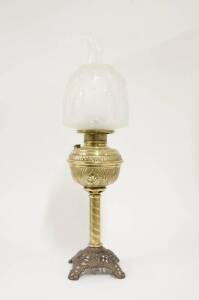 BANQUET LAMP: Cast iron base with brass font & etched glass shade. 64cm.