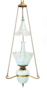 A rare & impressive blue vaseline glass hanging light, all original with Duplex double black button burner on bayonet mount collar, 19th Century. Approx. 90cm total