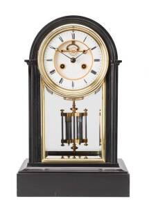 French mantle clock in black slate with mercury pendulum & open face escapement, 19th Century. 38.5cm