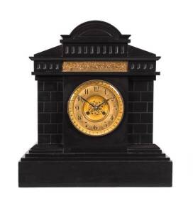 French mantle clock in black slate case, late 19th Century. 42cm high, 40cm wide