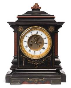 A fine French mantle clock in black slate & rouge marble &nbsp;case with open escapement, 19th Century. 43cm high, 33cm wide, 18cm deep