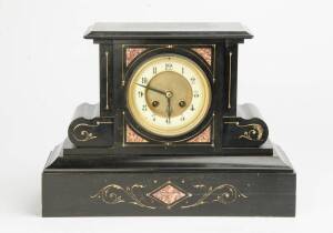 An antique mantle clock, black slate & rouge marble with gilded highlights. 26cm high, 35.5cm wide