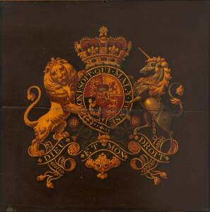 19th Century English coat of arms painted on wooden panel. 45 x 45cm