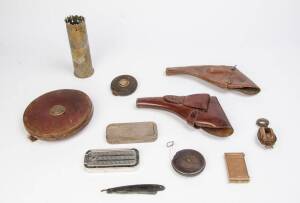 Trench art vase, leather holsters (2), cutthroat razor, brass compact mirror, old tape measures (3) & pulley. (9 items)