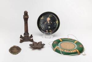 NELSON: Group of commemorative wares including Nelson's Column table cigar light, "Victory Copper" dish, "H.M.S. Lord Nelson Prayer", decoupage plate plus brass & copper portrait plaque. Late 19th & early 20th century. Tallest 24cm