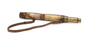 Spy glass with original leather binding, engraved "Dolland London Day or Night", adorned with lithographed panels "Royal Yacht Squadron", & "Royal Western Yacht Club of England". 19th Century. Extends 52-90cm