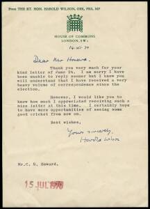 BRITISH PRIME MINISTER: - HAROLD WILSON (1916-95, British Prime Minister 1964-70 & 1974-76), signed letter on "House of Lords" letterhead, dated 14th July 1970.