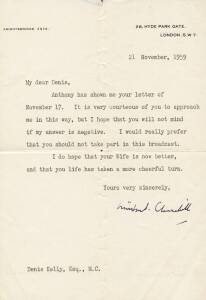 WINSTON CHURCHILL (1874&ndash;1965) British Prime Minister 1940-45 & 1951-55, widely regarded as one of the greatest wartime leaders of the 20th century), lovely signature on 1959 letter on "28 Hyde Park Gate, London SW7" letterhead (Churchill's London residenc