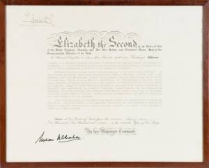 Royal appointment signed by Queen Elizabeth II & Australian Prime Minister William McMahon presented to Lloyd Douglas Thomson Ambassador to the Hague. Framed 52 x 41cm