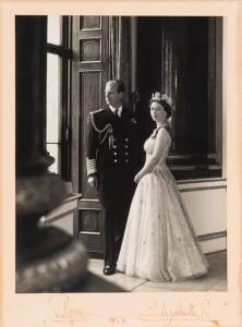 Signed photograph of Queen Elizabeth II & Prince Philip dated 1958. Framed 21 x 29cm