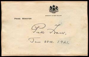 NEW ZEALAND PRIME MINISTERS: Peter Fraser signature on "Dominion of New Zealand, Prime Minister" notepaper dated June 28th 1941; plus Robert Muldoon signed letters (3) & photographs (2).