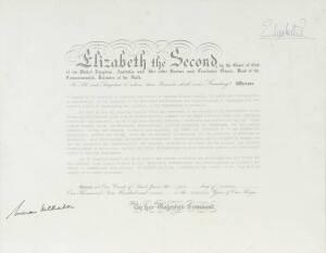 Royal appointment signed by Queen Elizabeth II & Australian Prime Minister William McMahon presented to Lloyd Douglas Thomson Ambassador to Copenhagen. 52 x 42cm. Framed.