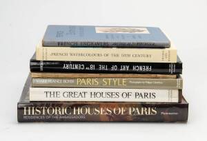 FRENCH ART: A collection of books including "French Engravers of the 18th Century" by Younger [1914, 1st ed.], "French Watercolours of the 18th Century" by Huisman, "Historic Houses of Paris - Residences of the Ambassadors" by Stella, and 4 others. (7 vol