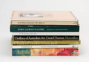 AUSTRALIAN ART: A collection including "R.W. Sturgess Water-colourist 1892-1932" L/E signed by the authors; "Norman Lindsay Etchings"; "John Llewelyn Jones Australia's Forgotten Painter"; "Artists' Tapestries" and 4 others (8 items).