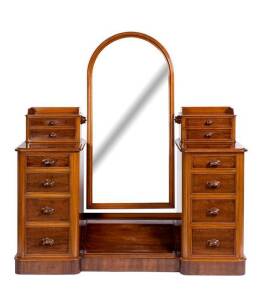 A Victorian mahogany twin pedestal dressing table with cheval mirror.&nbsp;150cm high, 150cm wide, 50cm deep