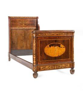 A fine quality marquetry inlaid day bed, Italian, 19th Century, together with slatted base & single mattress. 95 x 210 x 95 cm.