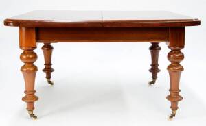 VICTORIAN MAHOGANY extension dining table on turned legs with 1 leaf. Width 120cm, length 130cm, extended 183cm. Restored (burn mark on top). Good condition.