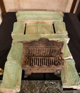 Pair of French celadon green porcelain fire surrounds in the Art Nouveau style, circa 1890s. Height 130cm, width 95cm each