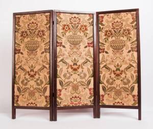 A small cedar tapestry panel three fold screen, Australian, first half 20th century.Each panel 76cm high, 30cm wide