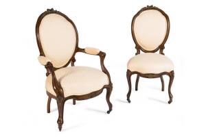 A fine pair of French walnut Bergere arm chairs with ormolu mounts & matching set of 6 chairs (one damaged), 19th century.