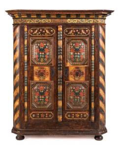 Northern European hand painted folk art 2 door robe, circa 1799. 174cm high, 150cm wide, 65cm deep