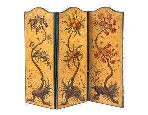 French hand painted 3 fold screen, 19th Century. 106cm high, 120cm wide