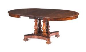 William IV English mahogany circular two leaf extension dining table with bird cage & platform base. 71cm high, 122cm - 242cm long, 120cm wide.&nbsp;