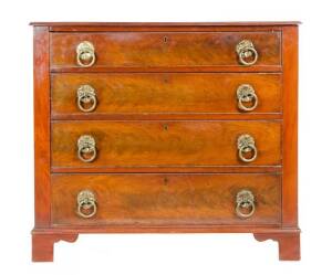 Antique English chest of 4 drawers with flame mahogany fronts on bracket feet with brass ring handles & cock-beading, early 19th century. Height 96cm, width 109cm, depth 54cm