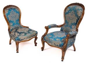 Pair of Victorian ladies & gents armchairs, walnut, circa 1870s