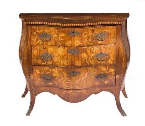 A continental marquetry bombe commode chest, early 20th Century. 90cm high, 106cm wide, 70cm deep