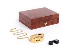 CHADT CAMERAS (Germany): Vicam-Antik, c1993-94, gold-plated sub-miniature camera for 8x11mm exposures on Minox film. The camera number 56 of 108 made, in polished wood presentation box.