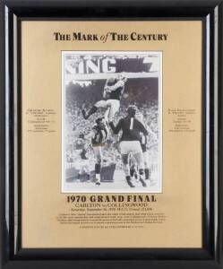 "THE MARK OF THE CENTURY", display comprising action photograph of Jezza's mark in the 1970 Grand Final, signed by Alex Jesaulenko & Graeme Jenkin, with details on mount, limited edition 25/1500, framed & glazed, overall 48x58cm. With CoA.