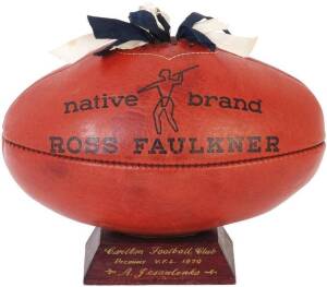 1970 PREMIERSHIP TROPHY, small "Ross Faulkner" football, with blue & white ribbons through laces, mounted on wooden stand, engraved on front "Carlton Football Club, Premiers V.F.L. 1970, A.Jesaulenko", and engraved on reverse "Presented by Ross Faulkner".