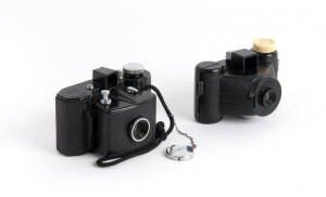 IKKO SHA (Japan): Start 35, c1950 bakelite viewfinder camera for 24x24mm exposures on 35mm rollfilm. Unusually with original strap, chain and lenscap. Also, a Scenex by Earl. (2 cameras).