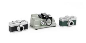 MEOPTA (Czechoslovakia): A Mikroma [#4311198] & Mikroma II [#20885] sub-miniature camera each with original Meopta lens caps. Also a Meopta film cutter and Meopta stand, camera bracket and auxilliary lens set (A4-16,A5-16,A6-16,A7-16) for macro photograph