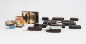 MINOX (Germany): Minox B sub-miniature cameras, 1961-68 [#708306, #757791, #780537 - metric & #786386, #807634-B, #828672-B, #867642-B, #875925-B, #926524 & #863160]; all in leather cases with chains and one in original box with owner's manual. &nbsp;Also, thr