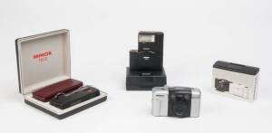 MINOX (Germany): A group of 35mm and 110 Minox cameras comprising a 35AL (white) in original box, a 35GT (black) in original box with FC35 flash, a Minox CD 112 and a boxed Minox 110S. (4 cameras).