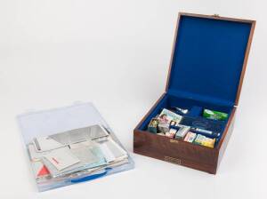 MINOX (Germany): A group of Minox accessories with a Minox timber box containing film, mostly for Minox, and flashbulbs. Additionally, a group of Minox camera manuals and related literature.