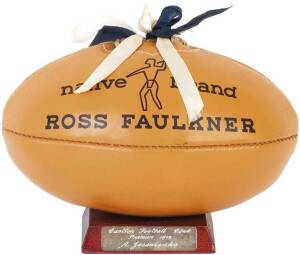 1972 PREMIERSHIP TROPHY, small "Ross Faulkner" football, with blue & white ribbons through laces, mounted on wooden stand, engraved on front "Carlton Football Club, Premiers 1972, A.Jesaulenko". Good condition.