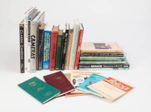 A group of camera related books and literature. The group with focus on miniature cameras but also including some Leica material including "Leica The First 60 Years" and some near mint Leica camera manuals. Also a folder with some photocopied- and some or