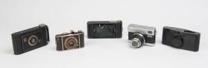 A group of vintage cameras. Comprising a Zeiss Werra 1, Jiffy Kodak, Ansco Vest Pocket No. 2, Purma Special and a Foth Derby Type 3. The Werra accompanied by pamphlets in Cyrillic. (5 cameras)