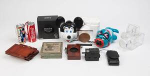 Balance of collection - photographic equipment / accessories. A large box with various photographic items including model cameras, mini tripods, two thornton pickard shutters, film plate holders, toy cameras and a bag of rangefinders and timers.