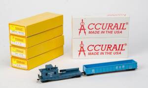 ACCURAIL: HO-Scale kits NIB: 3-Bay CVD Hopper (Grand Trunk), 3-Bay CVD Hopper (SOO Line), 3-Bay CVD Hopper (G.N.), 3-Bay Center Flow (C & NW), AAR 41' steel gondola (S P & S) & USRA 55-ton hopper (New Haven). All NIB. (6 items).