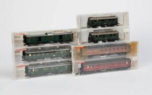 FLEISCHMANN: HO Scale collection of coaches comprising #5063K, 5064K, 5078K, 5079K, 5080K, 5081K & 5082K, All NIB. (7 items).
