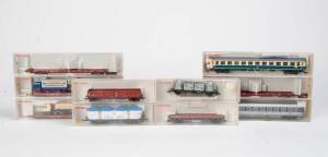 FLEISCHMANN: HO scale carriages and freight cars, comprising #5174, 5199, 5230, 5270, 5271, 5275, 5278, 5281, 5282 & 5480. All NIB. (10 items).