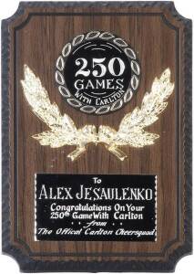 250th GAME: Plaque, 15x21cm, engraved "250 Games With Carlton" & "To Alex Jesaulenko, Congratulations On Your 250th Game, With Carlton, from The Official Calton Cheersquad".
